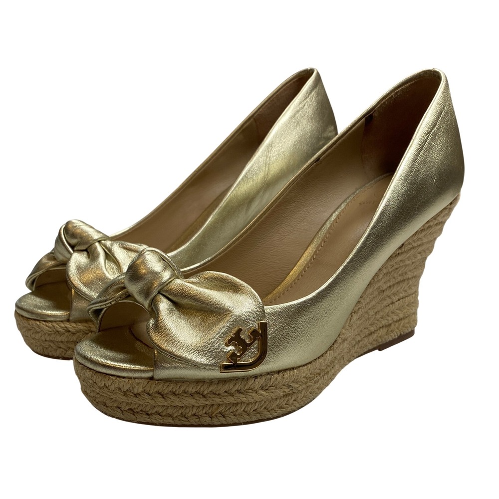 Tory Burch Gold Metallic Bow Peep Toe Wedge Espadrille Heels Women's 5 - Picture 3 of 11